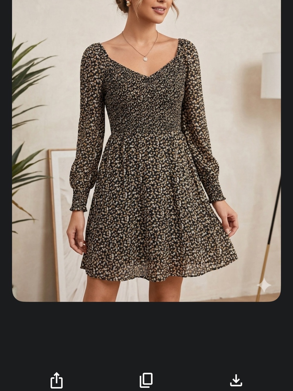 Hollister size L  Black Floral Smocked V-Neck Long Sleeve Mini Dress